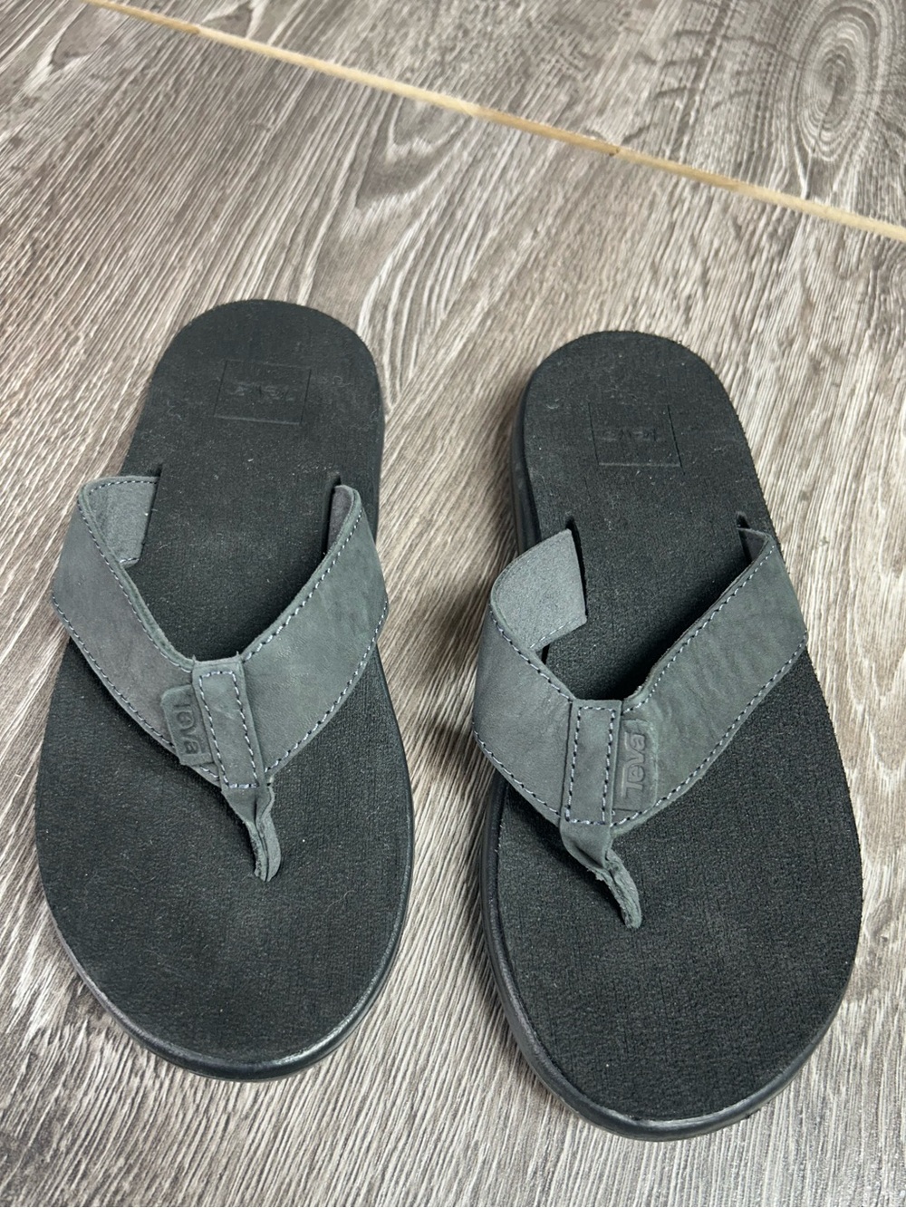 Teva Black Footbed Gray Suede Strap Flip Flops